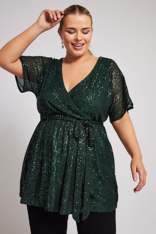 Yours London YOURS LONDON Curve Green Sequin Wrap Top