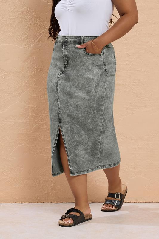 Yours YOURS Curve Grey Acid Wash Stretch Denim Midaxi Skirt