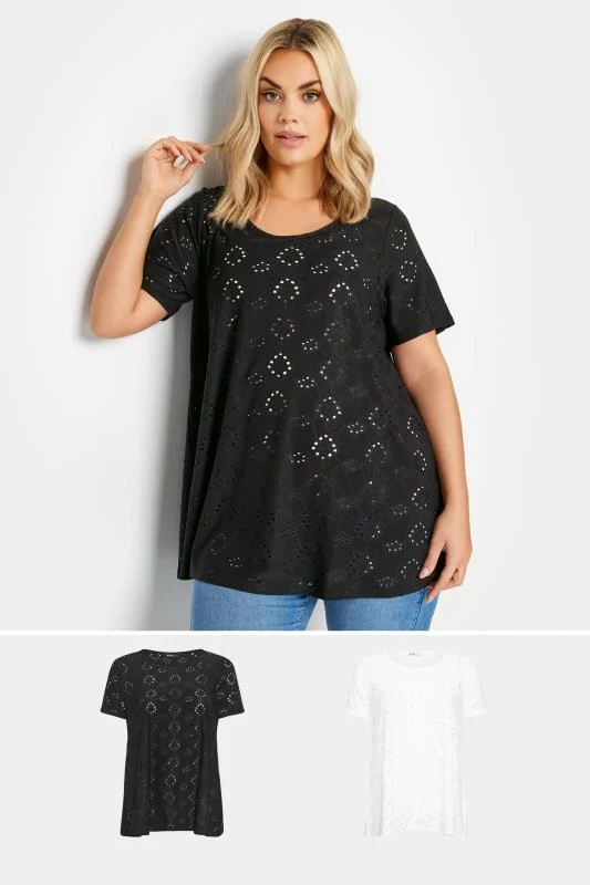 Yours 2 PACK Black & White Broderie Anglaise Swing T-Shirts