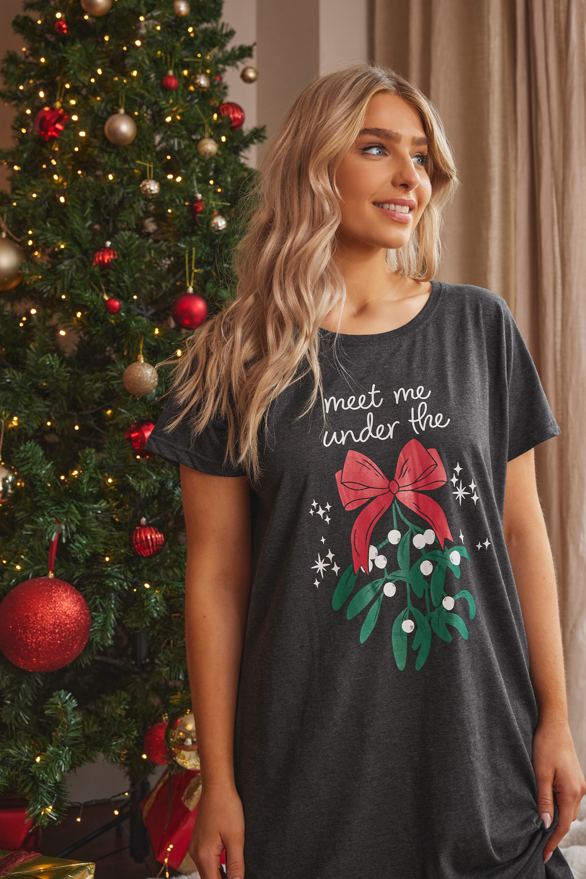 M&Co Womens M&Co Black Cotton Christmas Mistletoe Print Nightdress