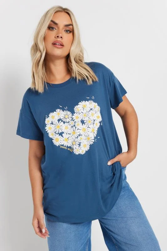 Yours YOURS Curve Navy Blue Daisy Heart Print T-Shirt