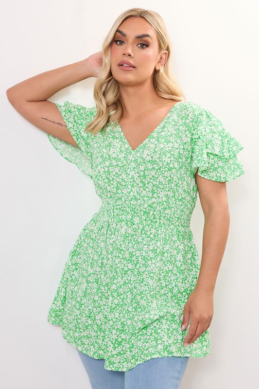 Yours YOURS Curve Green Ditsy Print Flutter Sleeve Peplum Top
