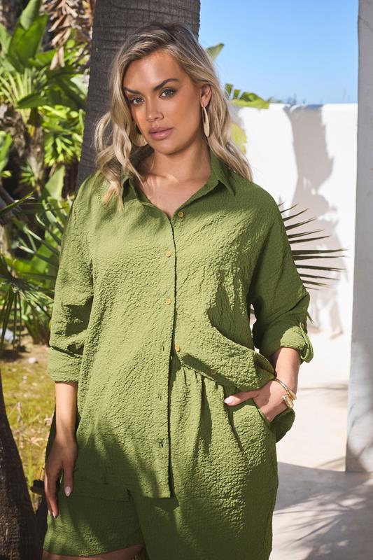 Yours YOURS Curve Khaki Green Textured Long Sleeve Shirt