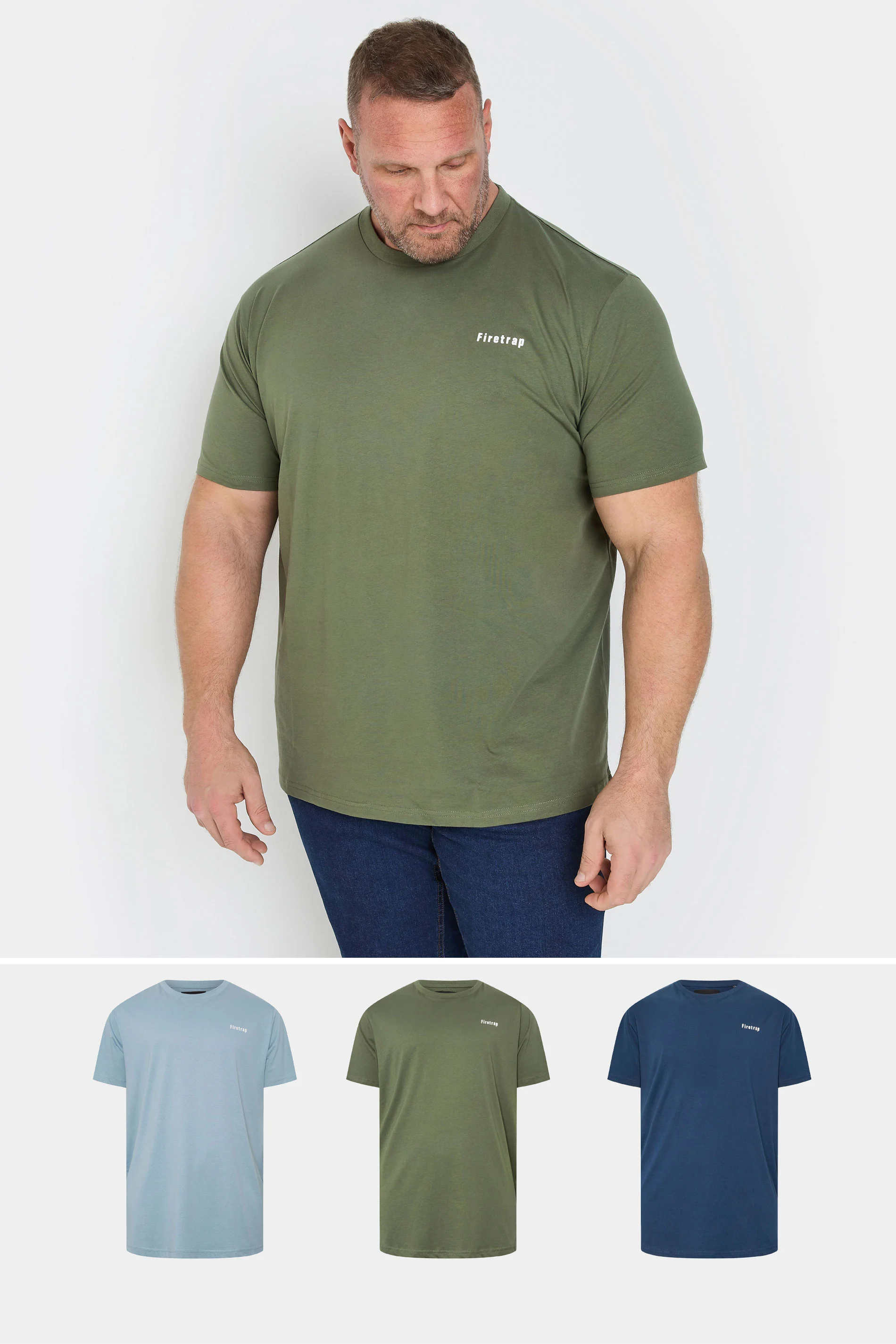 Firetrap FIRETRAP Big & Tall 3 PACK Khaki Green & Blue T-Shirts