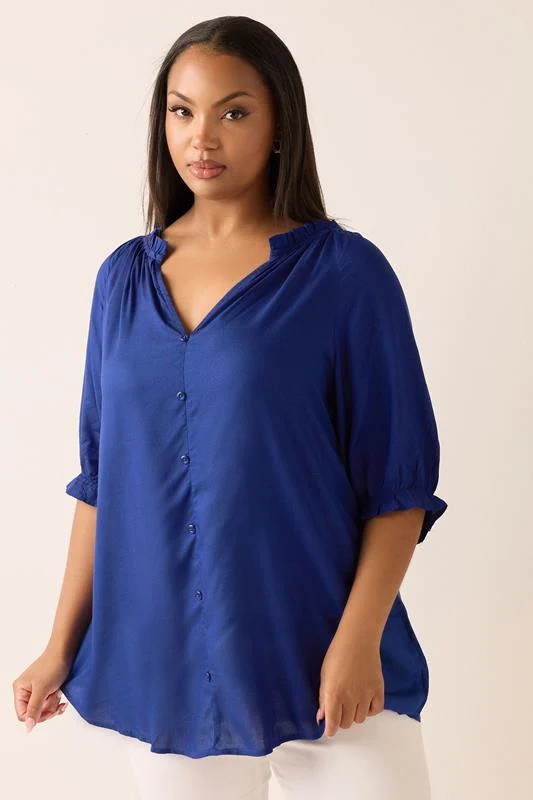 Yours YOURS Curve Cobalt Blue Frill Notch Neck Blouse