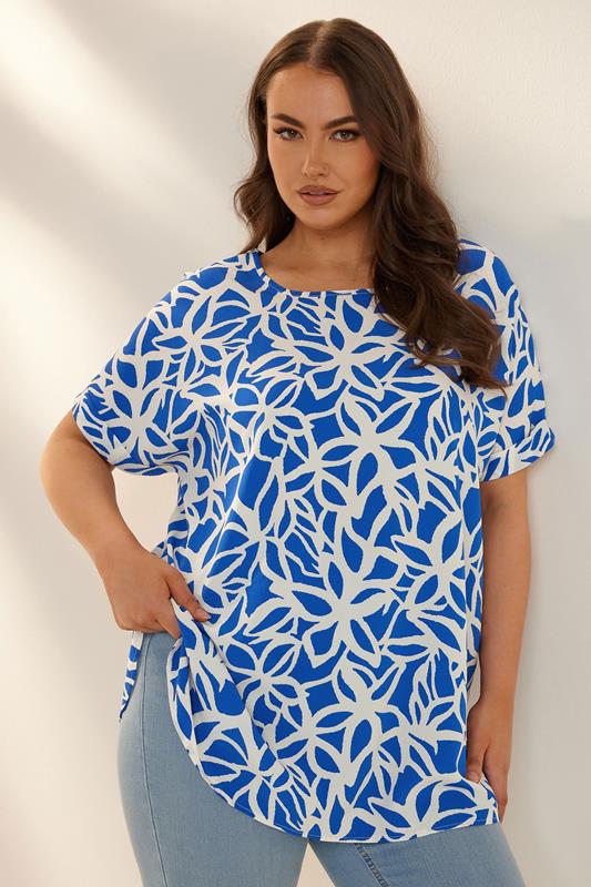 Yours YOURS Curve Blue Abstract Floral Print Boxy Short Sleeve Blouse