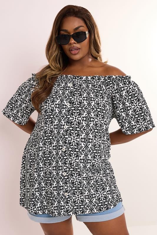 Yours YOURS Curve Black Textured Tile Print Bardot Top