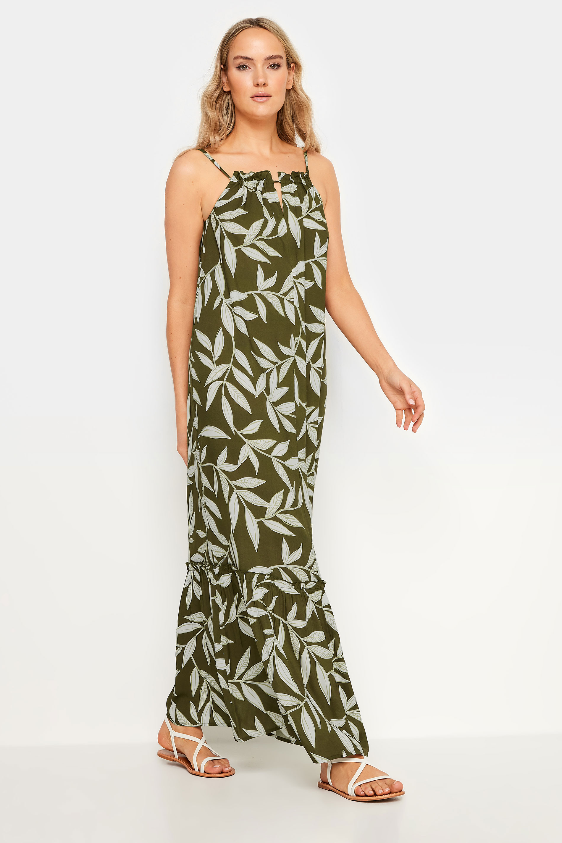 LTS LTS Tall Olive Green Leaf Print Ruched Neck Maxi Dress