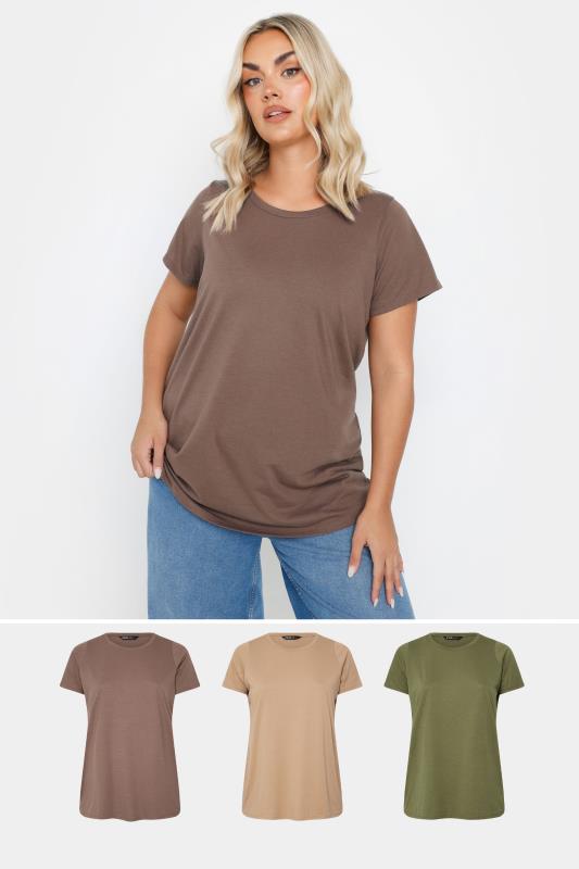 Yours YOURS 3 PACK Curve Brown & Green Essential T-Shirts