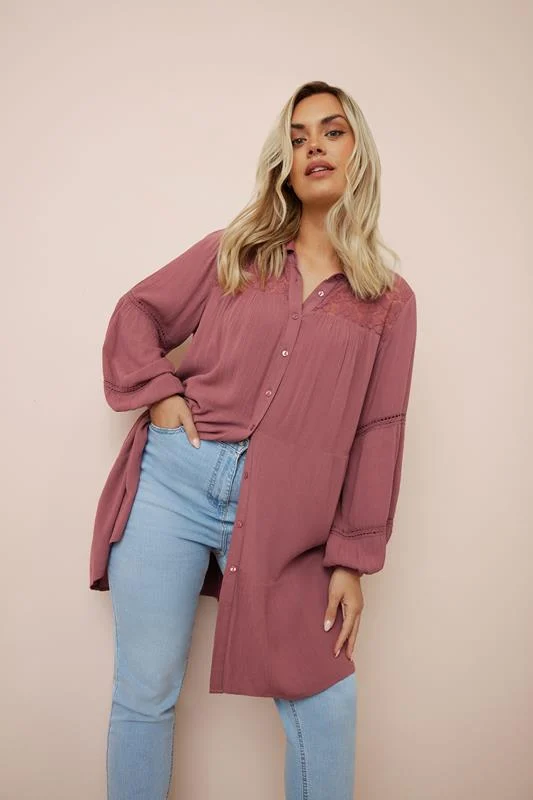 Yours YOURS Curve Dusky Pink Tiered Crochet Detail Shirt