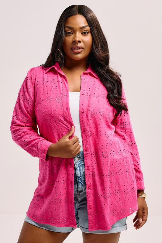 Yours YOURS Curve Hot Pink Broderie Anglaise Long Sleeve Shirt