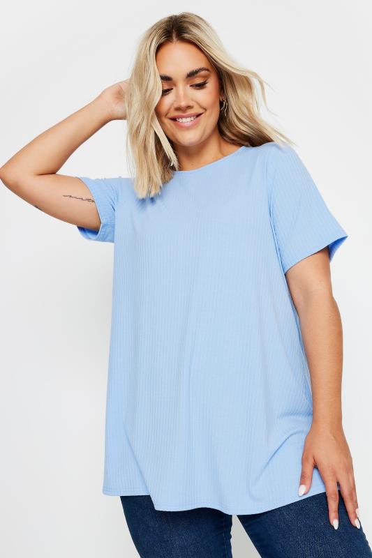 Yours YOURS Curve Light Blue Short Sleeve Ribbed T-Shirt