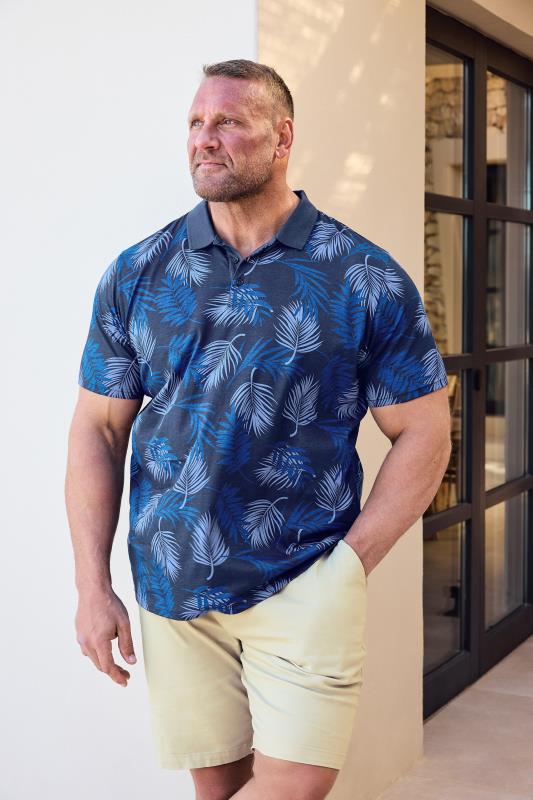 BadRhino BadRhino Big & Tall Navy Blue Leaf Print Slub Polo Shirt
