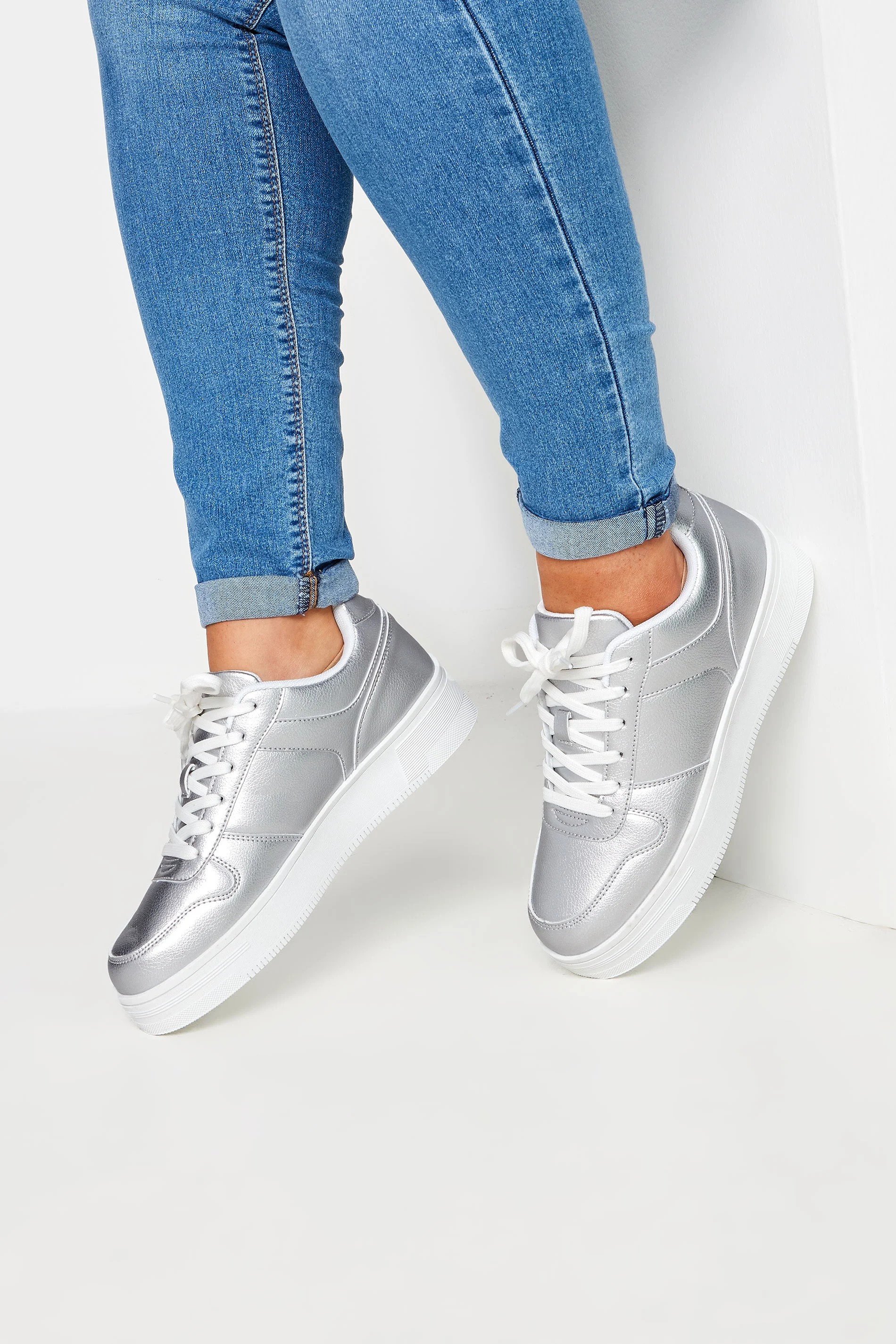 Yours Silver Metallic Chunky Lace Up Trainers In Wide E Fit