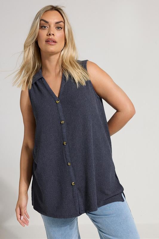 Yours YOURS Curve Navy Blue Textured Sleeveless Shirt