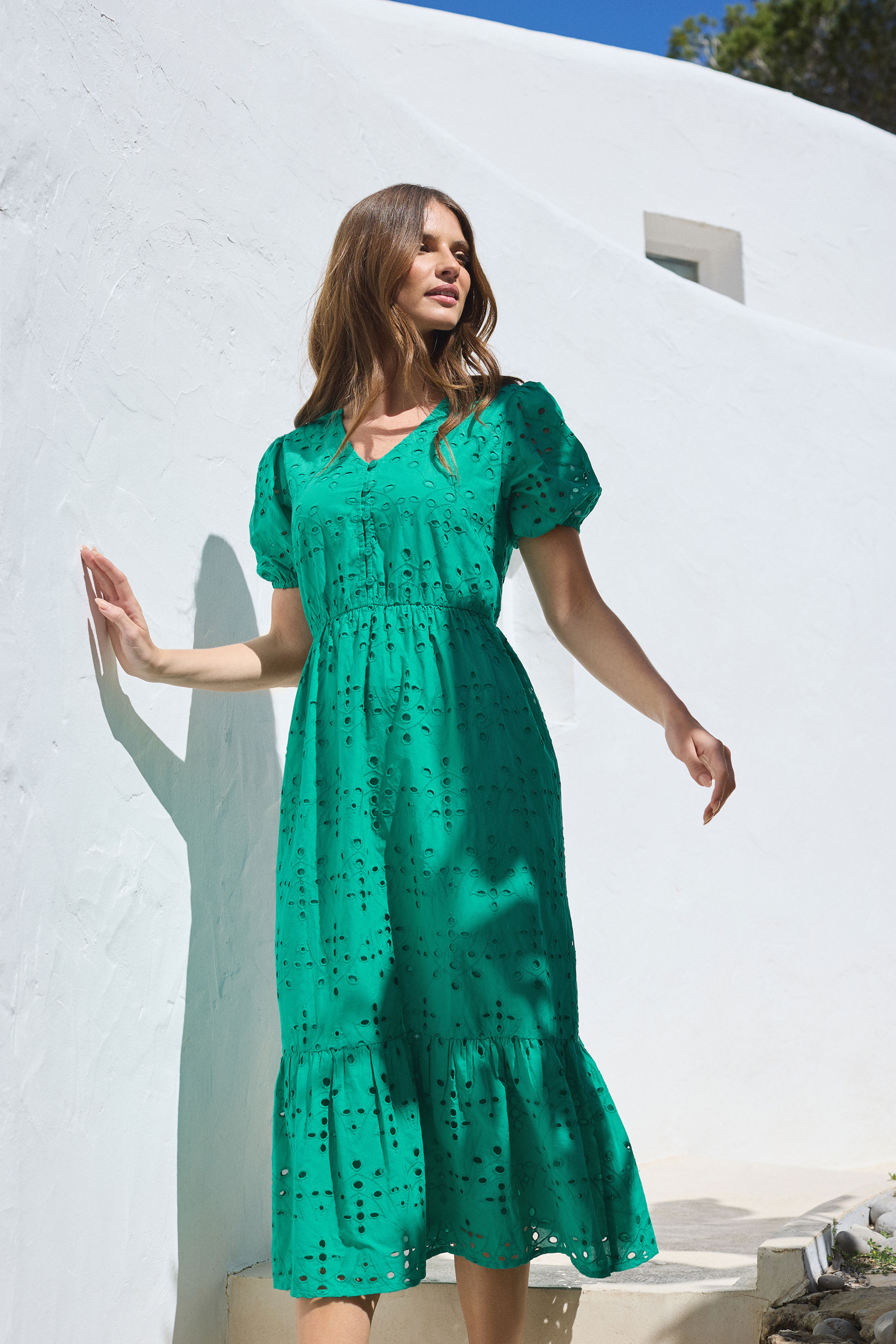 M&Co Womens M&Co Green Cotton Broderie Tiered Dress