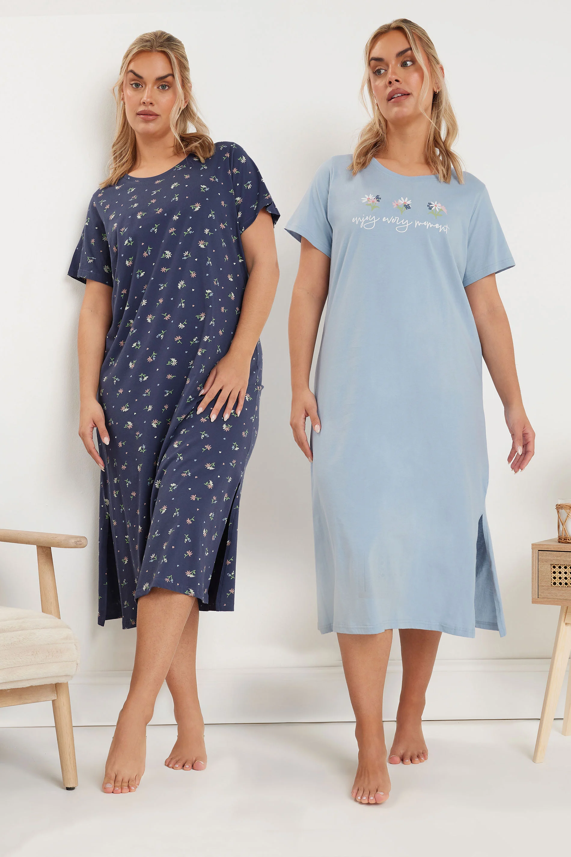 Yours YOURS Curve 2 PACK Blue 'Enjoy Every Moment' Slogan Floral Nightdresses