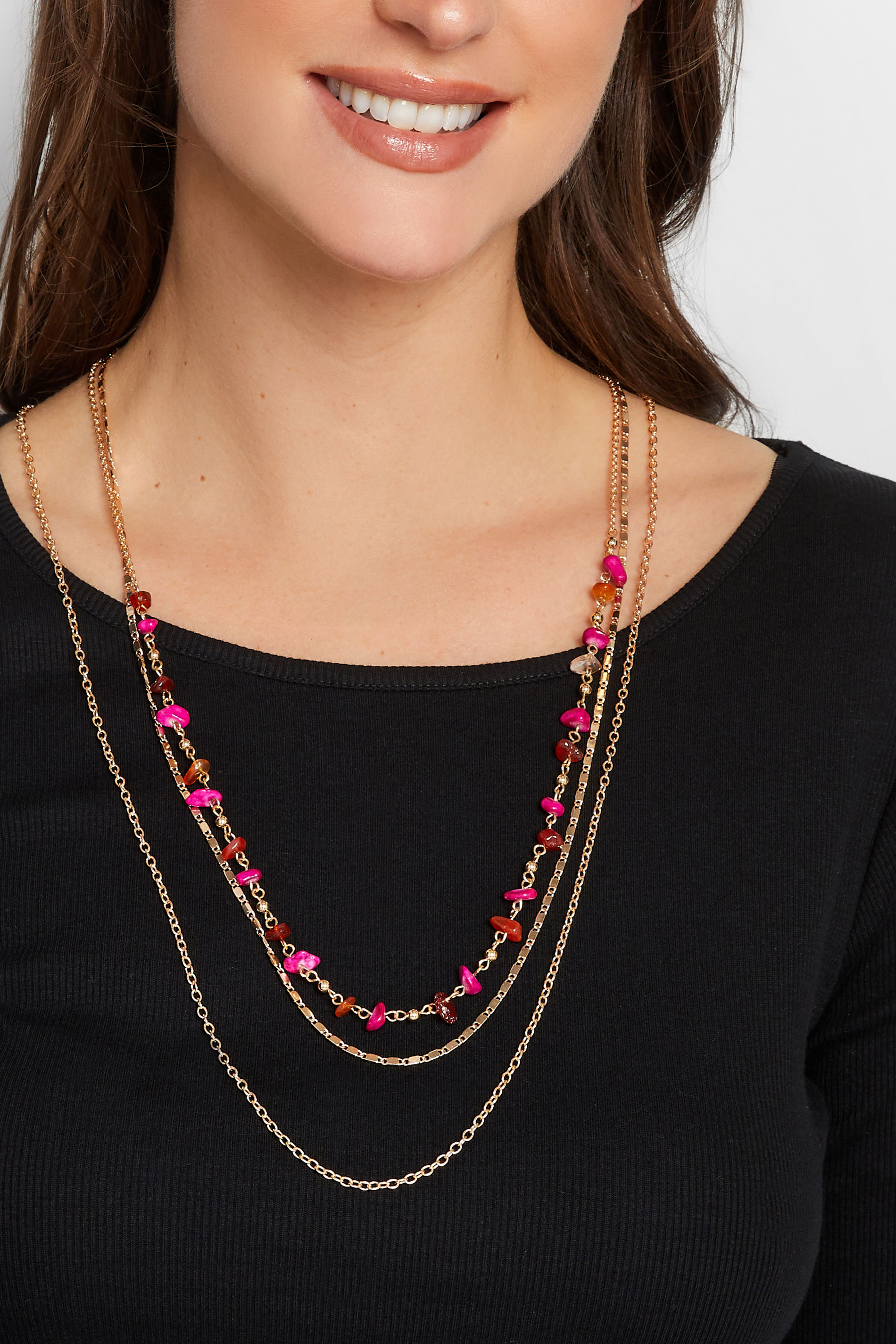 Yours 3 PACK Gold & Pink Stone Long Necklace Set