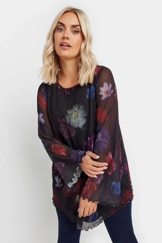 Yours YOURS Curve Black Abstract Floral Mesh Top