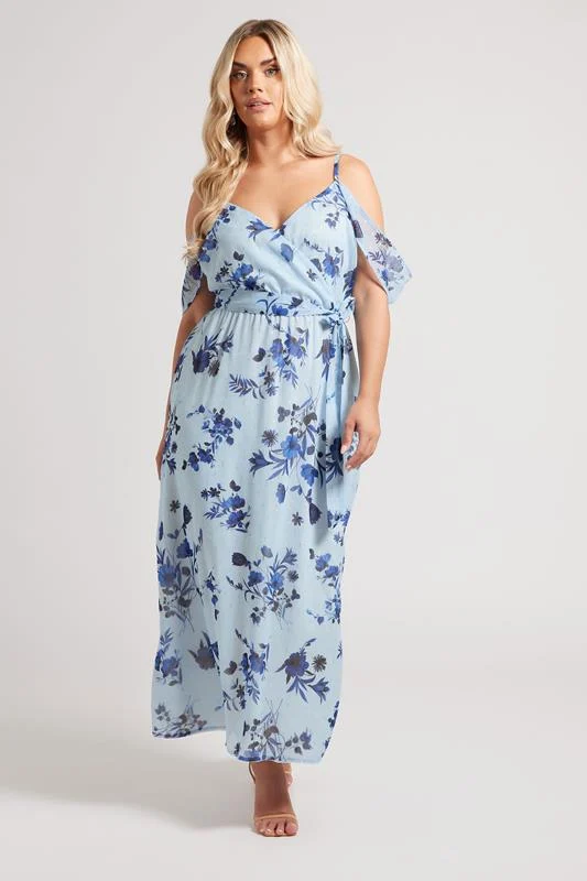 Yours London YOURS LONDON Curve Blue Metallic Floral Wrap Midaxi Dress
