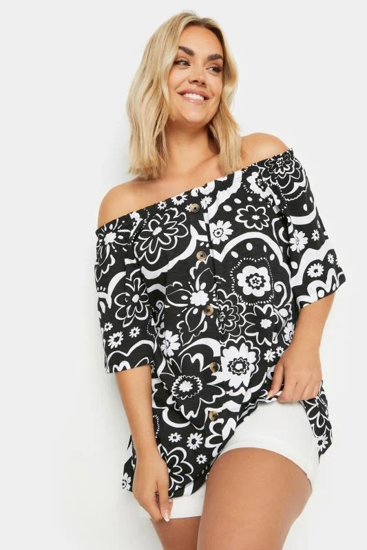 Yours YOURS Curve Black Floral Print Bardot Top