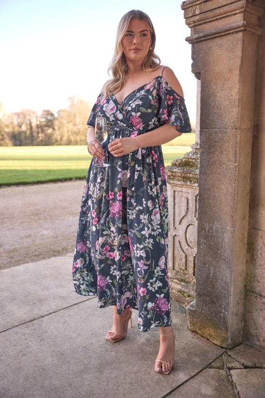 Yours London YOURS LONDON Curve Navy Blue Floral Cold Shoulder Wrap Dress