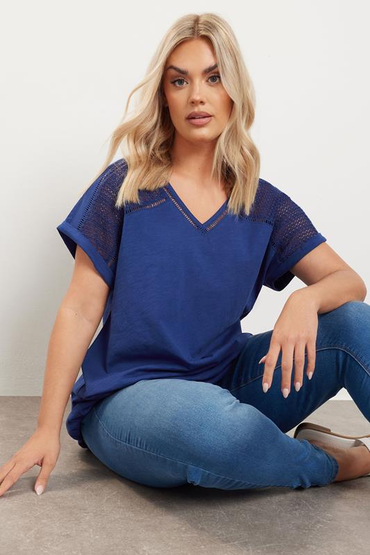 Yours YOURS Curve Blue Crochet Bubble Hem T-Shirt