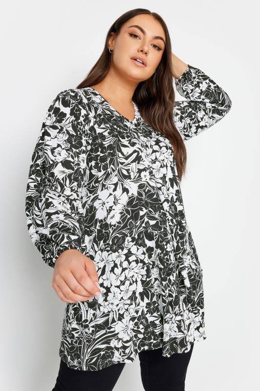 Yours YOURS Curve Black Leaf Printed Top