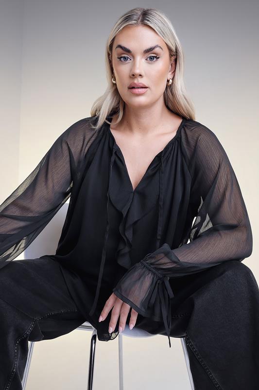 Yours YOURS Curve Black Ruffle Neck Tie Blouse