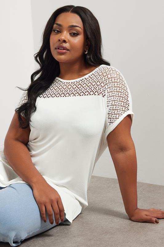 Yours YOURS Curve White Crochet Panel T-Shirt