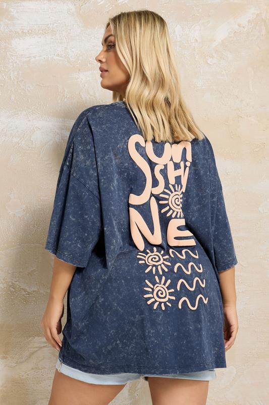 Yours YOURS Curve Blue Acid Wash 'Sunshine' Graphic T-Shirt