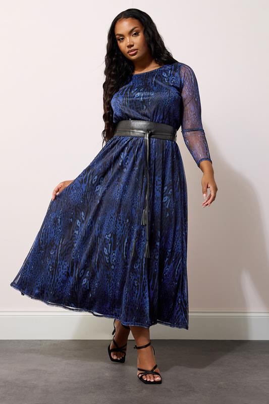 Yours London YOURS LONDON Curve Blue Animal Print Mesh Maxi Dress With Belt