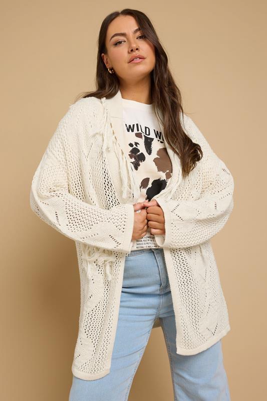 Yours YOURS Curve White Fringe Crochet Cardigan