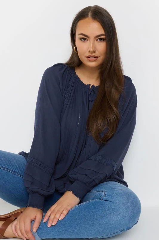Yours YOURS Curve Navy Blue Tie Neck Pintuck Top