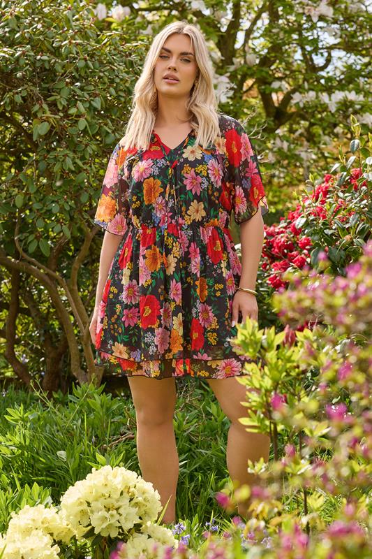 Yours YOURS Curve Black Floral Tie Neck Ruffle Mini Dress