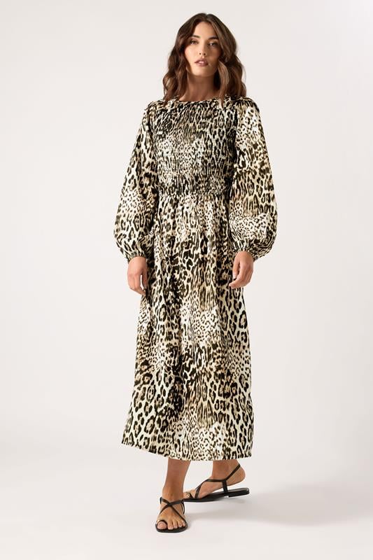 LTS LTS Tall Natural Brown Animal Print Shirred Midaxi Dress