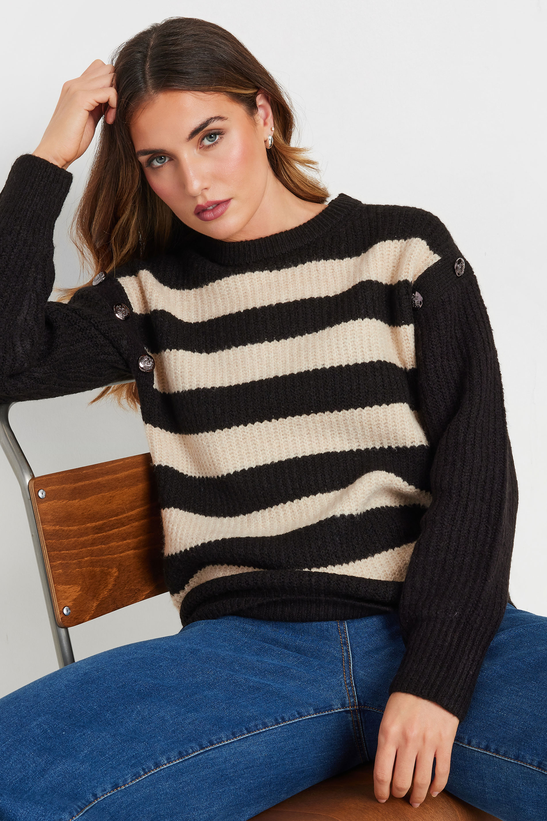 LTS LTS Tall Black Knitted Striped Button Jumper