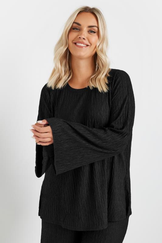 Yours YOURS Curve Black Plisse Flute Sleeve Top