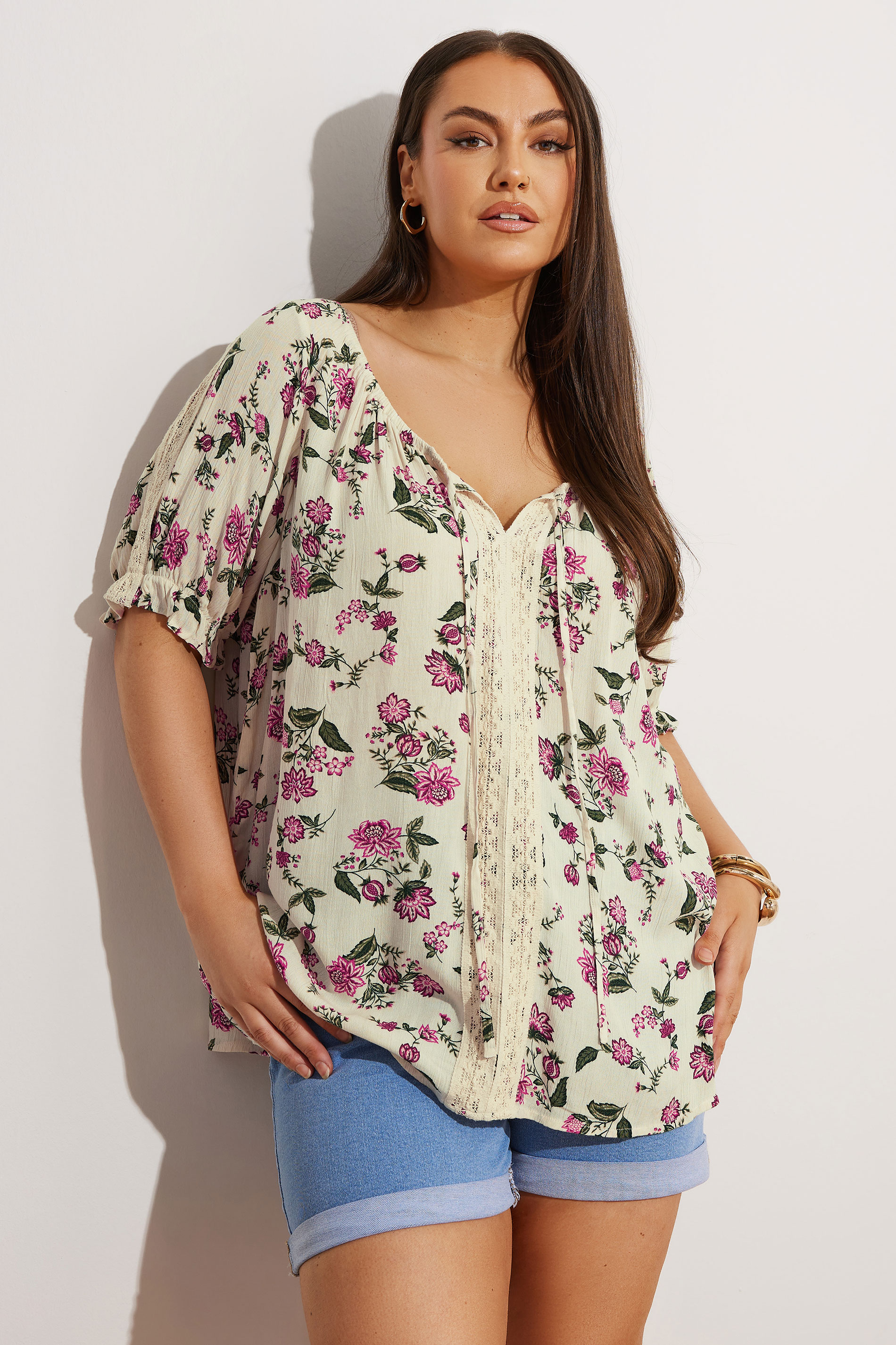 Yours YOURS Curve Cream Crochet Detail Tie Front Top