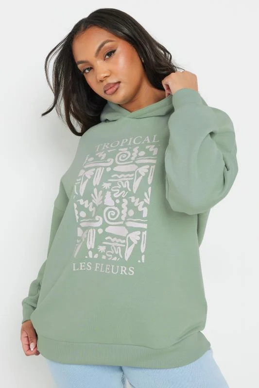 Yours YOURS Curve Sage Green 'Tropical' Abstract Print Hoodie