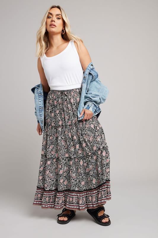 Yours YOURS Curve Black & White Floral Print Tiered Maxi Skirt