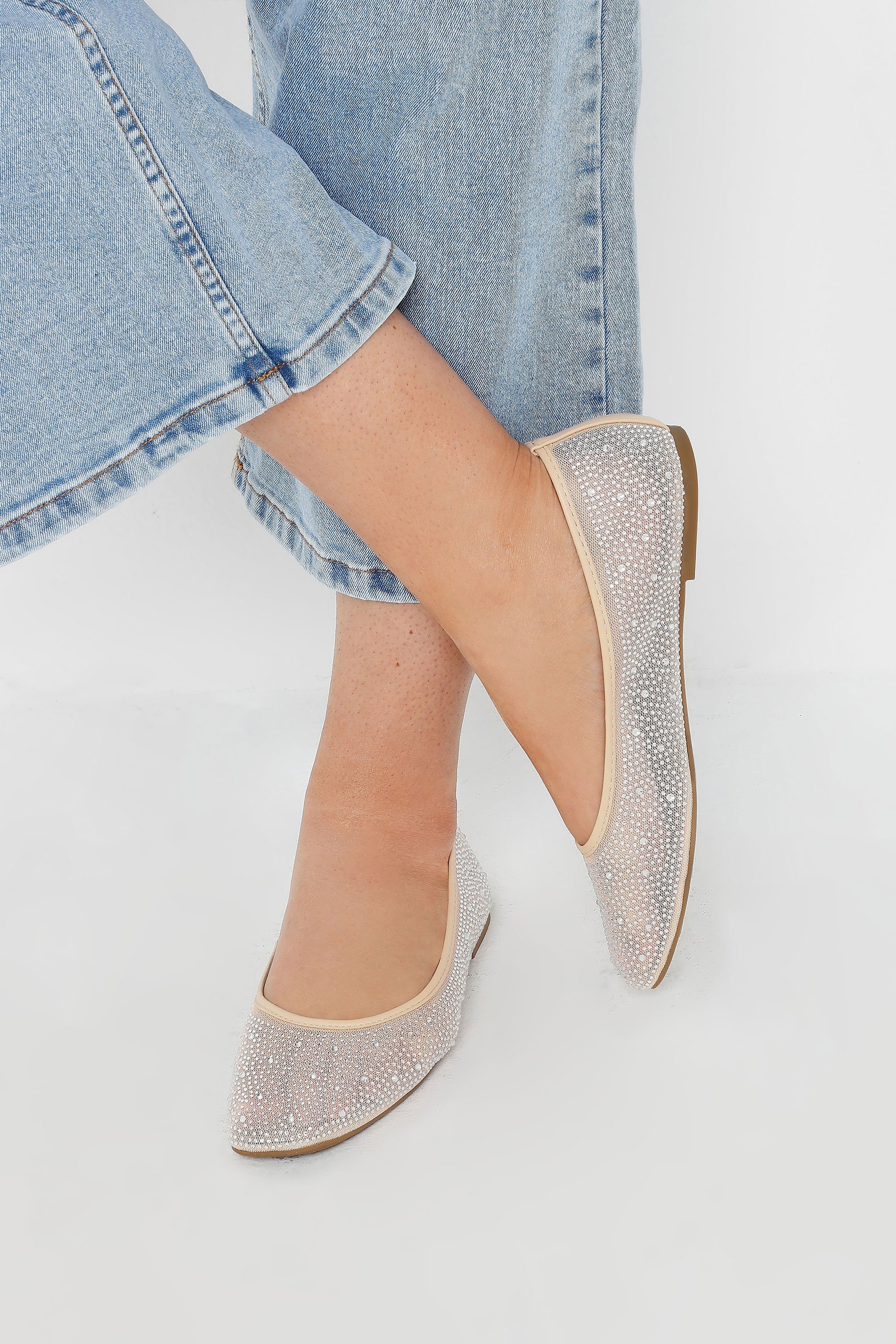 Yours Nude Mesh Diamante Embellished Ballerina Pumps In Wide E Fit