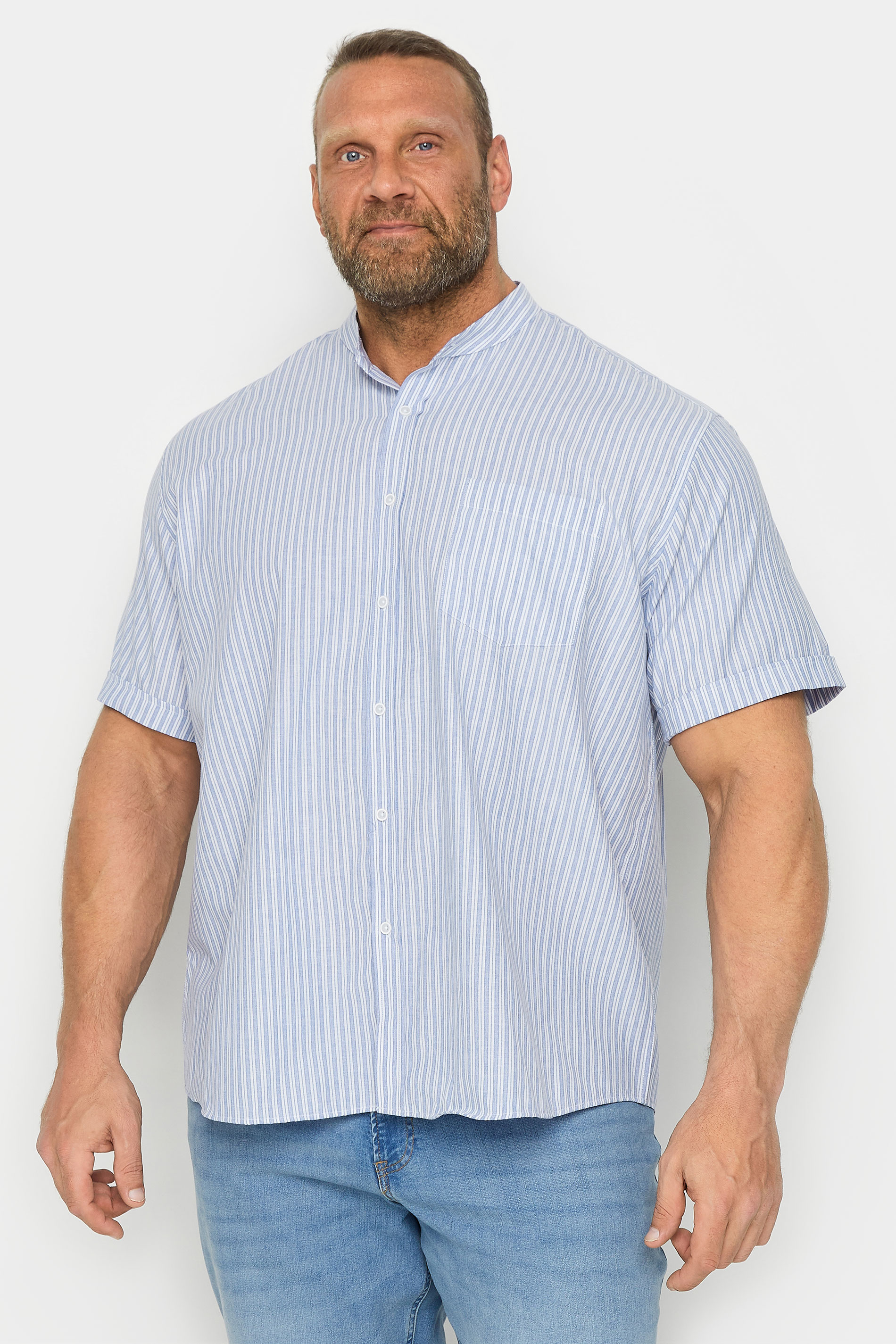 Kam KAM Big & Tall Blue Stripe Grandad Collar Shirt