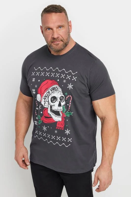 BadRhino BadRhino Big & Tall Grey Christmas Skull Graphic T-Shirt