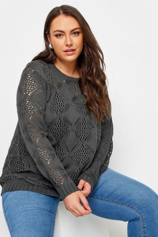 Yours YOURS Curve Grey Crochet Stitch Jumper