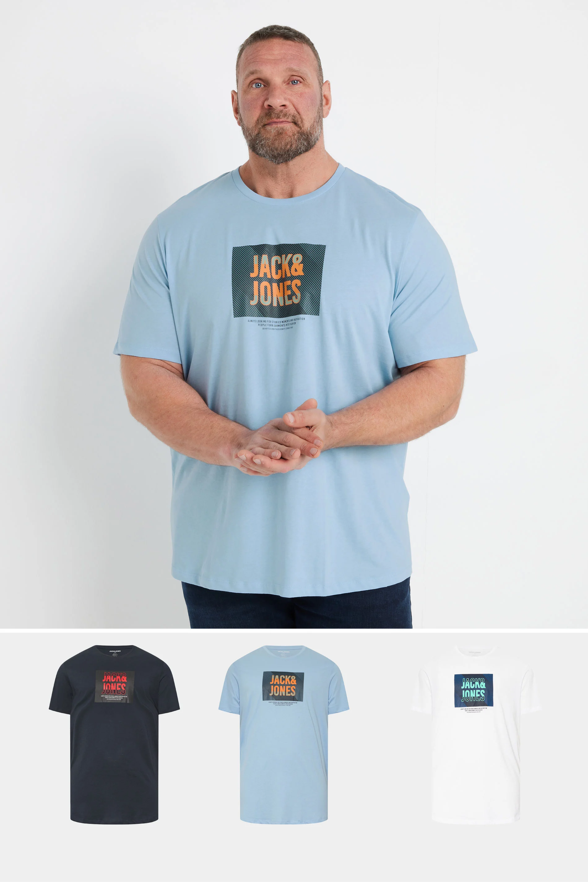 Jack & Jones JACK & JONES Big & Tall 3 PACK Blue Branded Logo Print T-Shirts