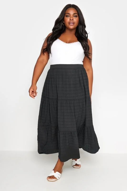 Yours YOURS Curve Black Tiered Checked Midi Skirt
