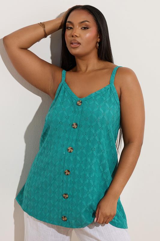 Yours YOURS Curve Teal Green Broderie Anglaise Button Vest Top