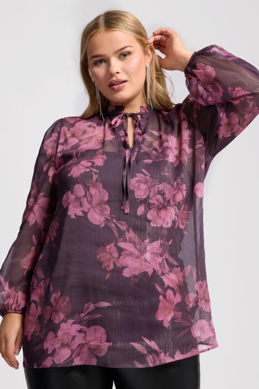 Yours London YOURS LONDON Curve Purple Floral Print Metallic Blouse