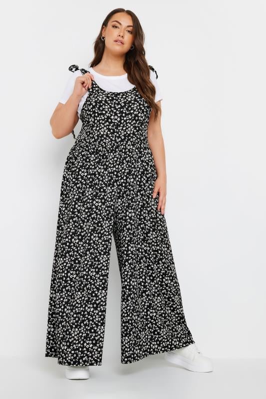 Yours YOURS Curve Black Floral Print Textured Wide Leg Jumpsuit